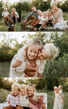 a collage of photos with two children and one adult in the foreground, an older woman hugging her child on the other side