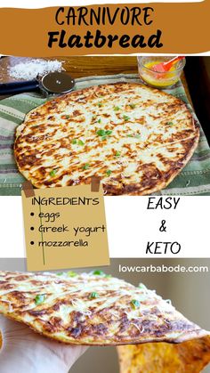 a person holding up a pizza on top of a wooden cutting board next to other food items