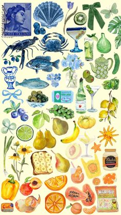 a painting of various fruits and vegetables on a white background