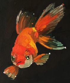 a painting of a goldfish on a black background