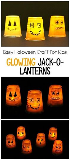 glowing jack - o'lanterns with faces on them and the words easy halloween craft for kids