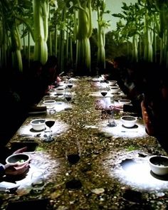 a long table with many bowls and plates on it in front of tall bamboo trees