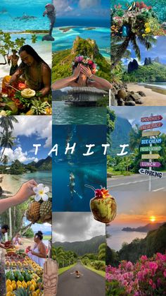 a collage of photos with the words tahitii in different languages and pictures