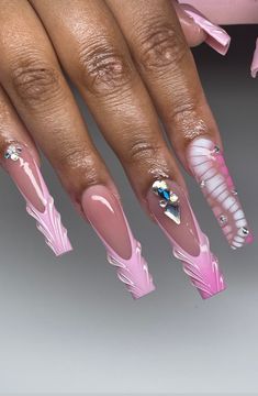 Vacation Long Nails, Xl Nail Ideas, Long Vacation Nails, Pink Freestyle Nails, Freestyle Nails, Hippie Nails, Ombre Acrylic Nails, Creative Nail Designs