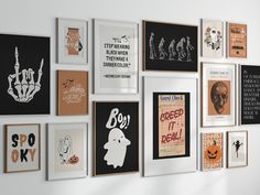 there are many framed pictures on the wall with words and symbols above them that say halloween