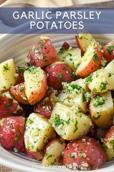 garlic parsley potatoes in a white bowl