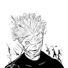 a black and white drawing of a man with splattered hair