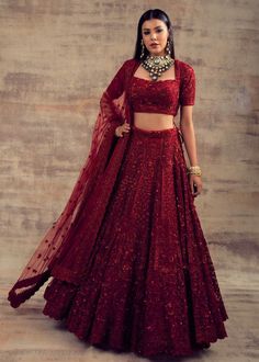 Deep Red Color Monotone Lehenga GULBARG – Panache Haute Couture Maroon Red Lehenga, Deep Red Lengha Bridal, Single Colour Lehenga, Dark Red Lengha, Red Sangeet Lehenga, Red Lehenga Aesthetic, Deep Maroon Bridal Lehenga, Crimson Red Lehenga, Red Party Lehenga