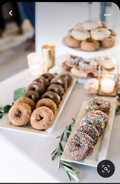 a table topped with plates filled with donuts and sprinkle covered doughnuts