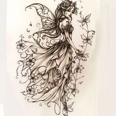 a drawing of a fairy with flowers and butterflies on her body, in black ink