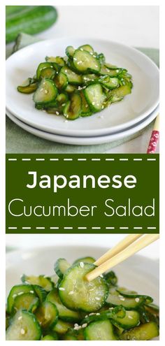 japanese cucumber salad on a white plate with chopsticks