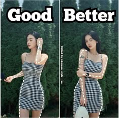 two pictures of a woman wearing a dress and holding a handbag with the words good better on it