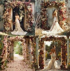 a collage of photos with flowers and dresses