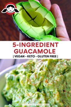 a hand holding an avocado with the text 5 ingredient guacamole vegan - keto gluten free