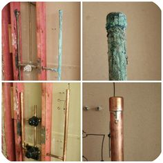 four pictures of different types of pipes and fittings in various stages of repair work