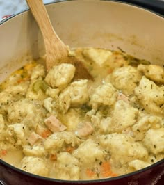 a wooden spoon in a pot filled with chicken and dumplings