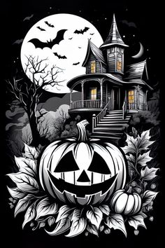 a black and white drawing of a pumpkin in front of a house on halloween night