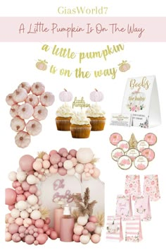 a little pumpkin is on the way baby shower party package with pink and gold decorations