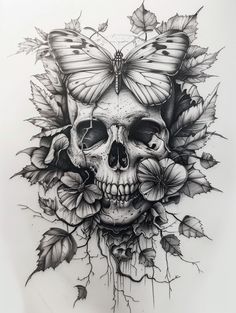 a drawing of a skull with butterflies on it's head and leaves surrounding it