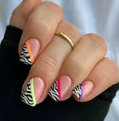 27 Hottest Zebra Print Nail Designs Right Now Fun Acrylic Nails Designs Short, Neon Zebra Nails, Nail Art Zebra Print, Zebra Nails Animal Prints, Neon Animal Print Nails, Funky Nails Short, Short Neon Nails, Nails Zebra Print, Nail Art Animal Print