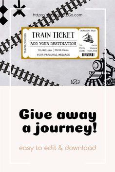 Give the gift of travel to your loved ones with our unique and customizable train ticket templates! Easily edit your design using the Corjl app and print it at home - the perfect travel gift. Give away a journey! Train Ticket Template Free Printables, Train Ticket Art, Old Train Ticket, Vintage Train Ticket, Printable Gift Certificate, Train Tickets