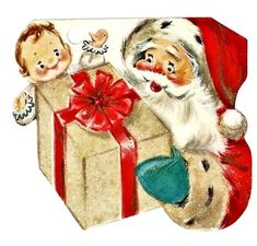 an old fashioned christmas card with two children opening a gift box and santa claus looking on