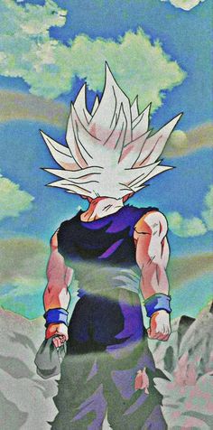 a drawing of the character gohan from dragon ball zoroe, with clouds in the background