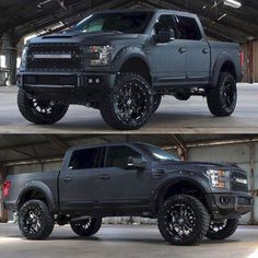 two pictures of the same truck in different stages of being painted black and silver, one is