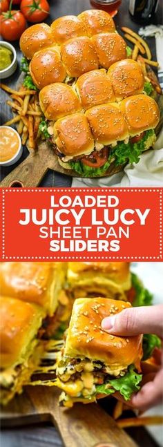 this is a collage of pictures with sandwiches and salads on them, including cheeseburger sliders