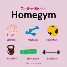 a pink poster with different types of gym equipment and the words, gerate fur den homegym