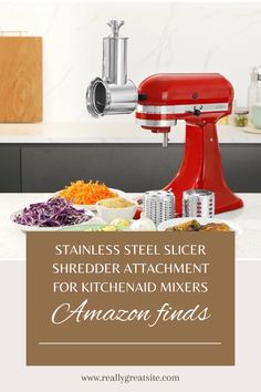 a red mixer sitting on top of a kitchen counter next to an assortment of food