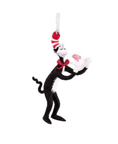 a cat in the hat ornament hanging from a string