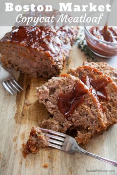 the meatloaf has been sliced and is ready to be eaten with a fork