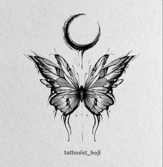 a black and white drawing of a butterfly with the moon in the sky behind it