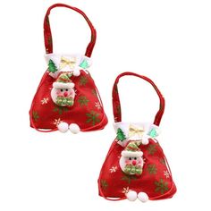 two red bags with christmas decorations on them