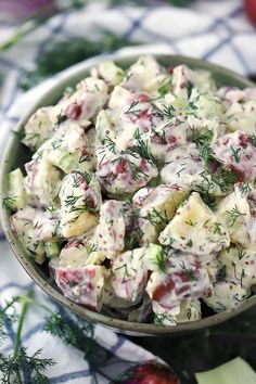 a close up of a bowl of potato salad