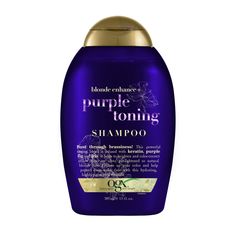 Brass be gone with OGX Blonde Enhanced + Purple Toning Shampoo! This highly pigmented and potent dark purple toning shampoo is easy to use and helps get rid of brass with every rinse. Use it to brighten and color-correct yellow tones on silver, pre-lightened or natural blonde hair with strengthening ingredients like keratin, purple fig and iris. After rinsing, follow it up with your favorite conditioner—maybe add a few drops of OGX Purple Toning Drops to enhance the effect. Banish unwanted, bras Ogx Hair Products, Best Purple Shampoo, Purple Shampoo For Blondes, Purple Shampoo And Conditioner, Blonde Tones, Toning Shampoo, Sally Beauty, Purple Shampoo, Beauty Products Drugstore