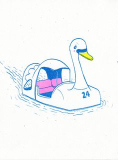 a drawing of a duck floating on top of water with the number 24 in it's beak