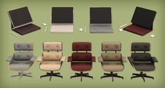 several different types of office chairs with laptops on them