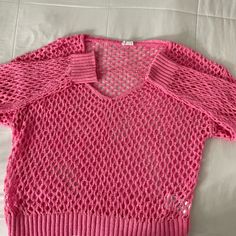 Brand New Shrugs Casual V-neck Pointelle Knit Sweater, Pink V-neck Open Knit Sweater, Pink Textured Knit V-neck Sweater, Stretch Open Knit Long Sleeve Sweater, Long Sleeve Open Knit Top, Open Knit Crew Neck Sweater, Pink Pointelle Knit Long Sleeve Top, Stretch Long Sleeve Open Knit Top, Pointelle Knit Long Sleeve Top