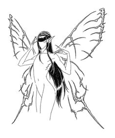 a black and white drawing of a fairy