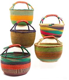 three baskets with different colors and designs on them