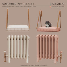 four different types of radiators, including one with a cat sitting on it