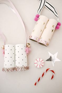 an assortment of crafting supplies including candy canes, bookmarks and other items