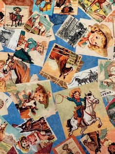 an image of many old postcards on the ground with horses and people in them