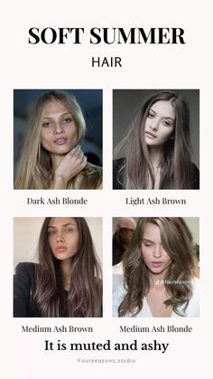 Hair Colour For True Summer, Brown For Soft Summer, Hair For Cool Summer Skin Tone, Soft Summer Hair Color Brown, Summer Color Palette Hair Colour, Summer Color Analysis Hair, Hair Colors For Summer Palette, Hair Colour Soft Summer, Summer Pallete Hair