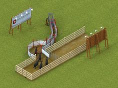 an aerial view of a horse stable with horses in the background and people walking around