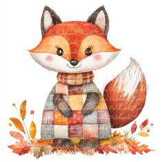 a watercolor painting of a fox wearing a plaid shirt and scarf with autumn leaves around it