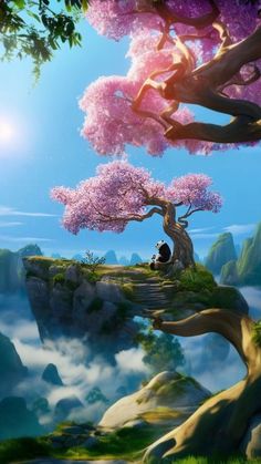 a panda sitting under a pink tree on top of a hill