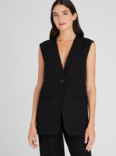 Taking inspiration from classic suiting, this modern vest is tailored in a lightweight fabric with a hint of stretch for polished comfort. The slightly relaxed fit and chic elongated length make it versatile enough to wear solo or layered. Wear it over our Trouser Style Suiting Mini Skirt or Full-Length Pintuck Trouser for a stylish pairing. Modern Clothing, Long Vest, Breezy Dress, Long Vests, Mother Denim, Blazer And Shorts, Trouser Style, Summer Fabrics, Modern Outfits